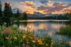 Tranquil mountain lake in spring with flowers at sunrise or sunset. (AI Generated) Art Print